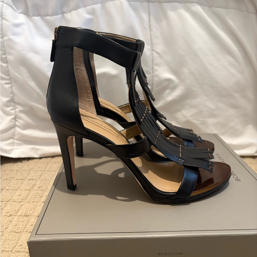 BCBG Black Leather Fringe Stiletto Heels